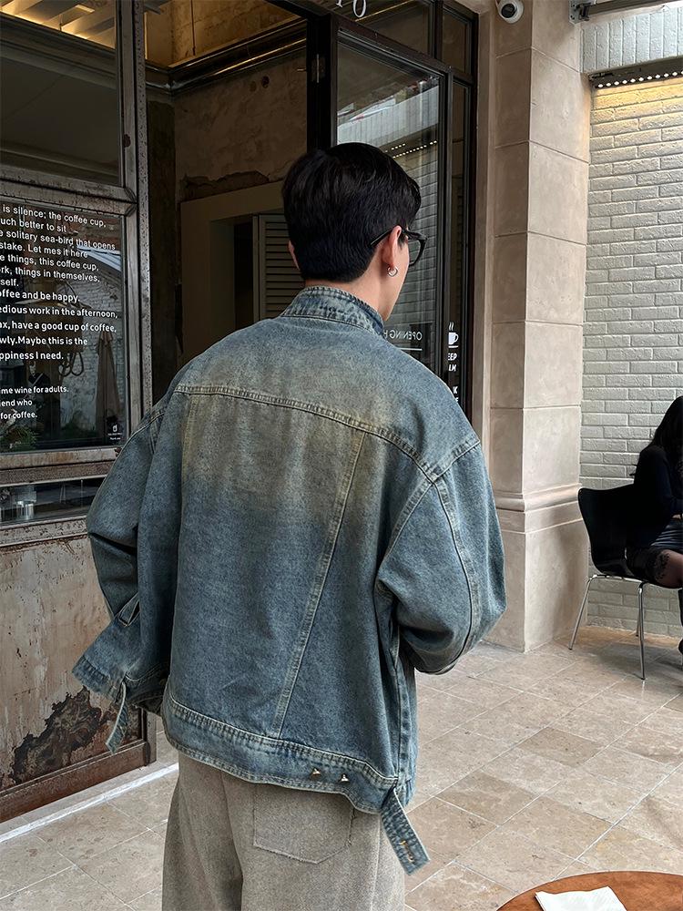 Men's High-End Heavyweight Deconstructed Denim Stand-Up Collar Jacket - Trendy American Retro PUNK Style