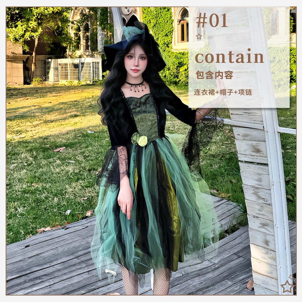 Witch Costume Dress, J-yuefang, Halloween Cosplay, Polyester, Green/Black, S-XL