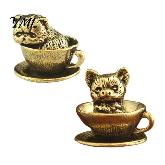 Handcrafted Metal Cat Figurines Miniature Teacup Statue, Cute Brass Dog Figurine, Handmade Alloy Animal Decor Collectable for DIY Craft, Tabletop