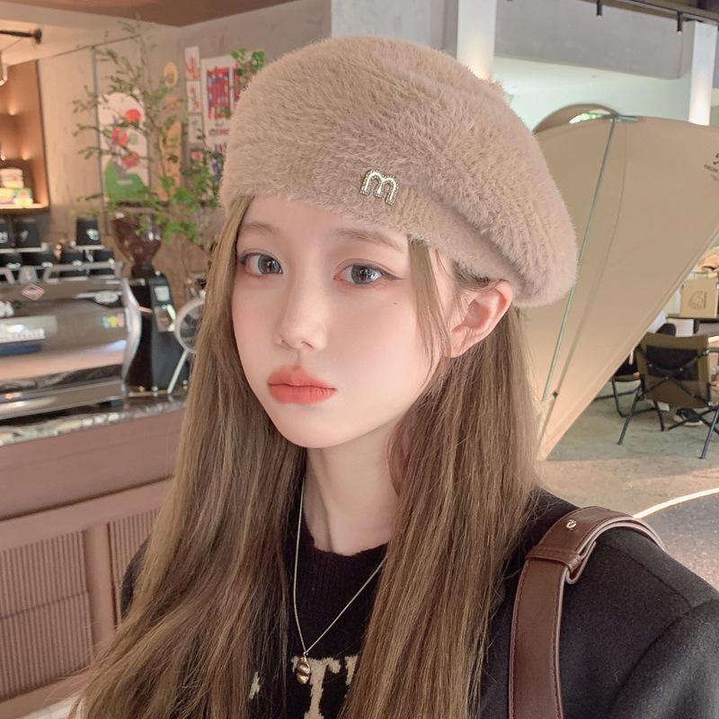 

Korean Version of Autumn and Winter Hat for Women Japanese Beret Solid Color Knitted Wool Hat Winter Beret Hat Warm Painter Hat Thick Hat One Size