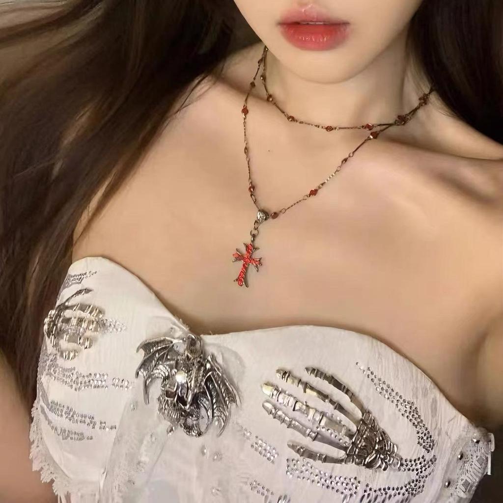 Retro Sweet Cool Red Cross Choker, Long Layered Minimal Luxury Clavicle Necklace