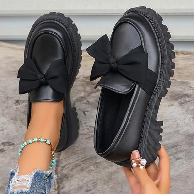 Mocassini da donna con plateau e dettagli a fiocco, scarpe slip-on a punta tonda con suola carrarmato, stile preppy, scarpe da uniforme/lavoro