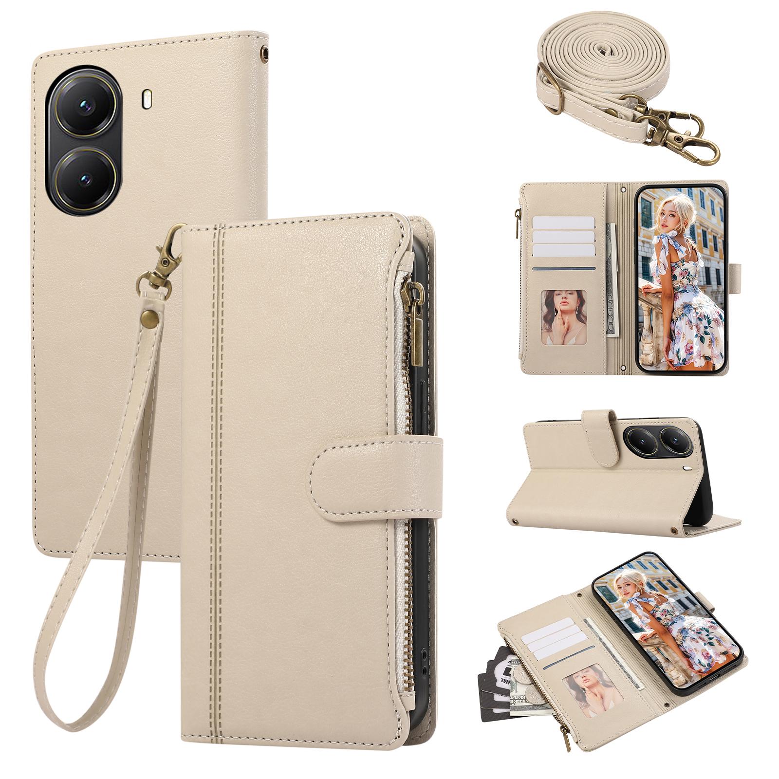 

Для Xiaomi Poco X7 Pro 5G/Redmi Turbo 4 5G Чехол Многослотовый на молнии Кожаный чехол для телефона с плечевым ремнем/ремешком на запястье Beige