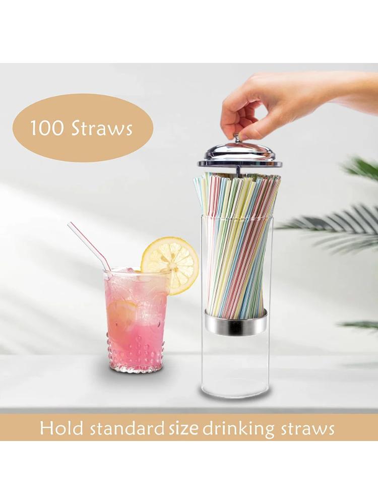 Straw Holder Dispenser 100 PCS Striped Straws Include - Clear Drinking Straw Container with Stainless Steel Lid Storage Box