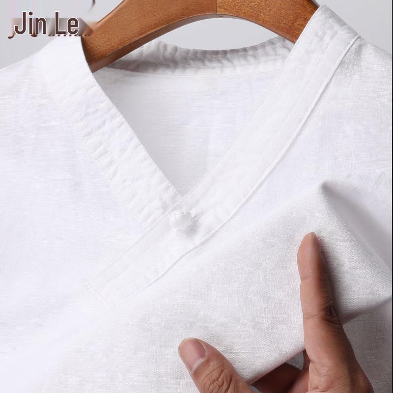 Jinjv Men's V-Neck Linen Blend Short Sleeve T-Shirt
