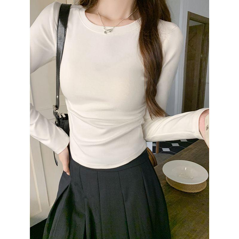 Tricou cu mânecă lungă, cu guler rotund, de bază, slim, pentru femei, pentru primăvară și toamnă, culoare uni, cu decolteu rotund, top slim