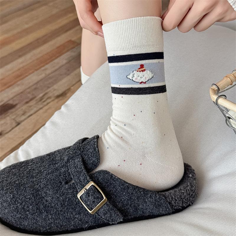 Autumn and Winter Socks for Women, Pure Cotton Striped Mid-calf Socks for Women, Cartoon Flocked Three-dimensional Socks for Women