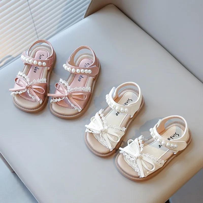 Toddlers Kids Beach Shoes for Girls Princess Bow-knot with Lace Children Pearl Beading Summer 2025 New Sandals Elegant Sweet Hot