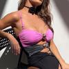 Women Sexy Monokini Decor Patchwork Swimsuit Hollow Out One-piece Sling Sleeveless Metal Button Color High