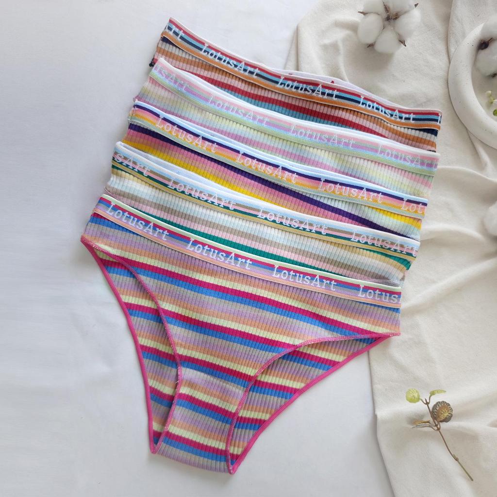 Women's Rainbow Striped Low-Rise Pure Cotton Panties - Cute & Breathable with Half Hip Coverage for Teens