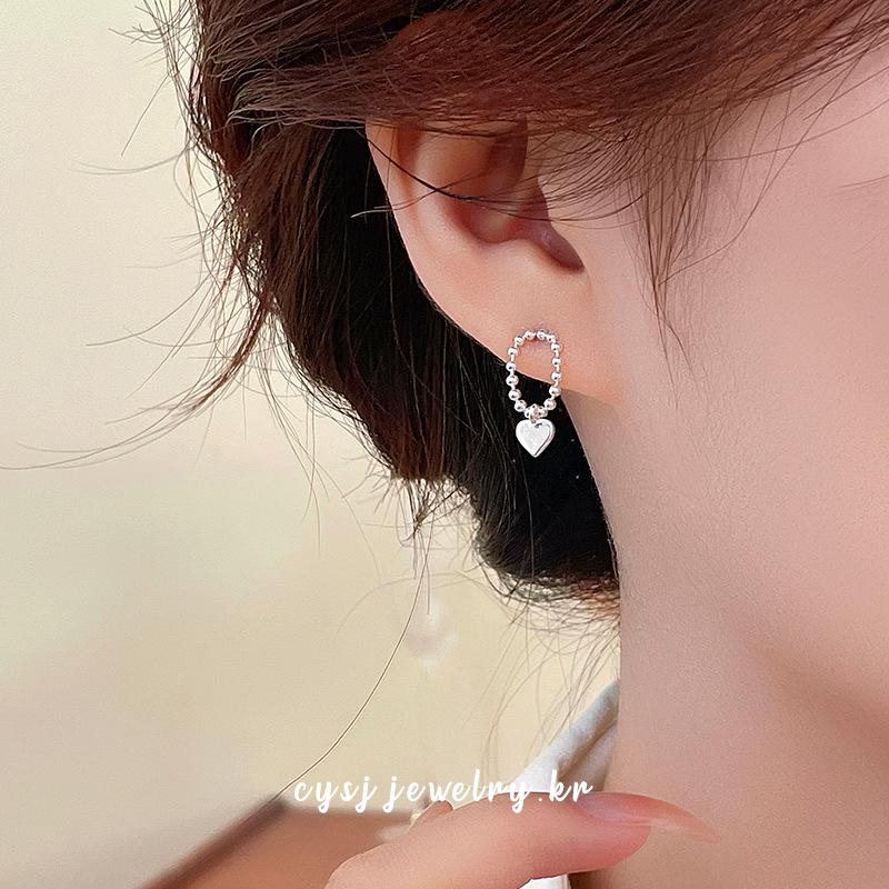Cui Yan Shi Jie S925 Sterling Silver Heart-Shaped Korean Style Textured Beaded Stud Earrings for Women - 2025