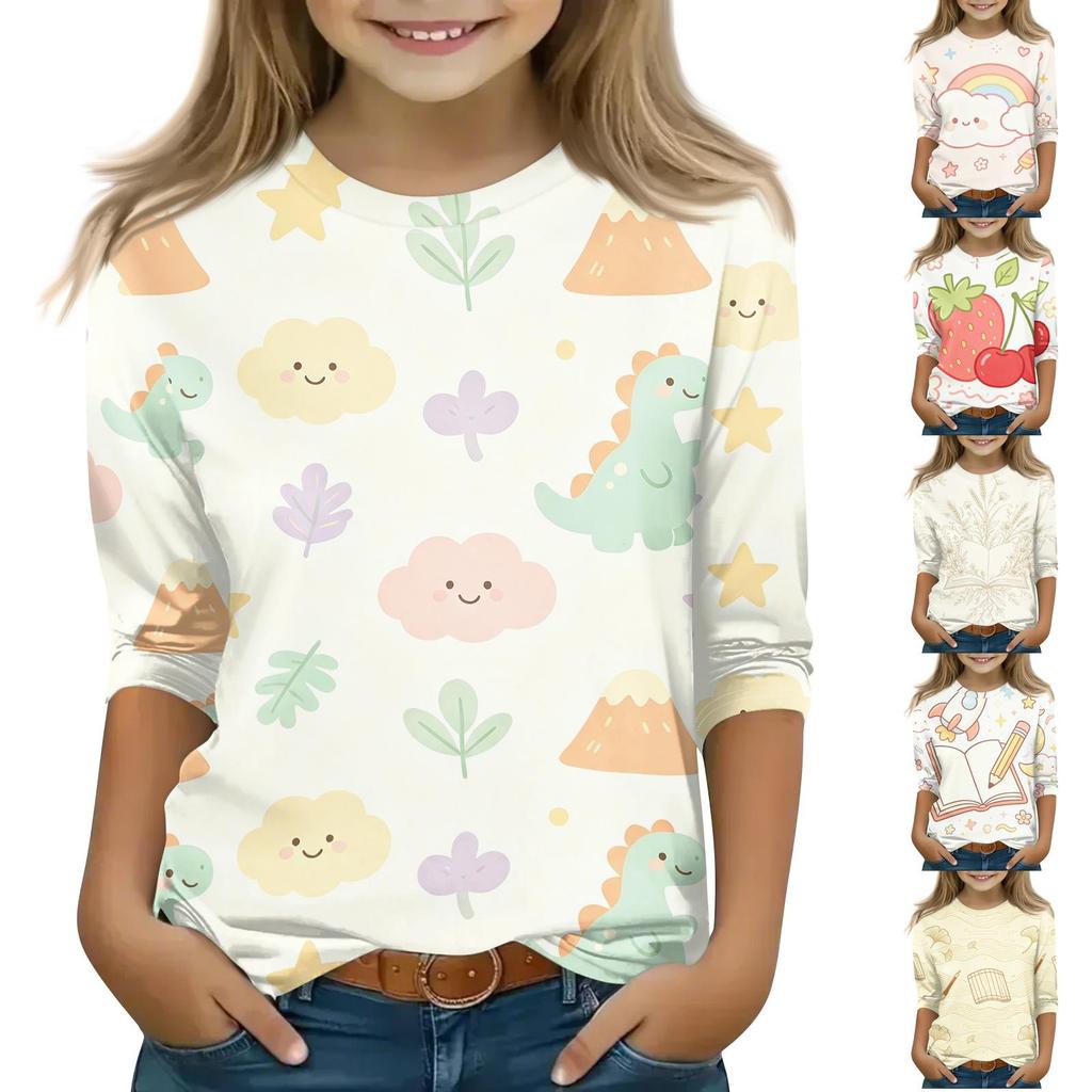 Children's Casual Printed 3/4 Sleeve Round Neck T-Shirt for Back to School Everyday Wear