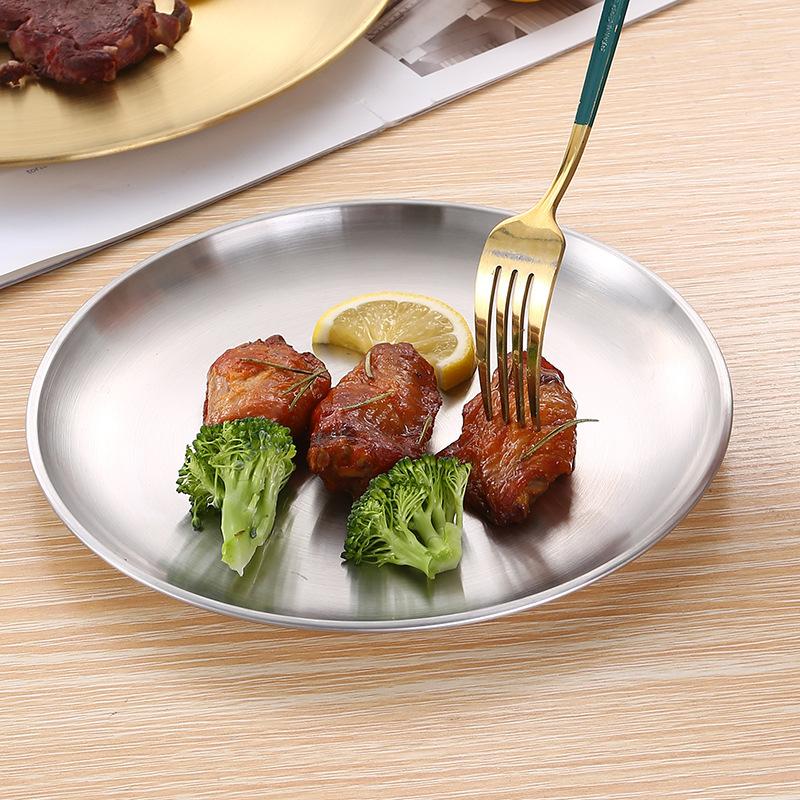 4pcs Large Round Stainless Steel Dinner Plates Fruit Tray- Heavy-Duty Golden Serving Plates Suitable for Weddings, Buffets