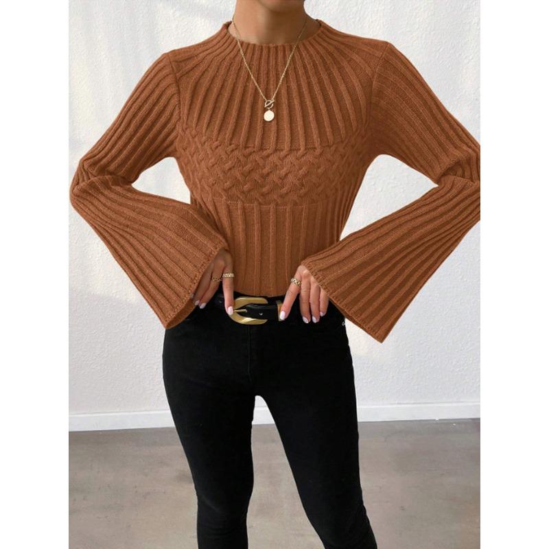 

весна осень Вязаные свитера рукав клеш свободный джемпер топы женские О-образный вырез женский повседневный однотонный свитер базовый пуловер женский S