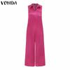 VONDA Women Sleeveless Satin Thin Jumpsuits V Neck Pockets Casual Long Rompers 