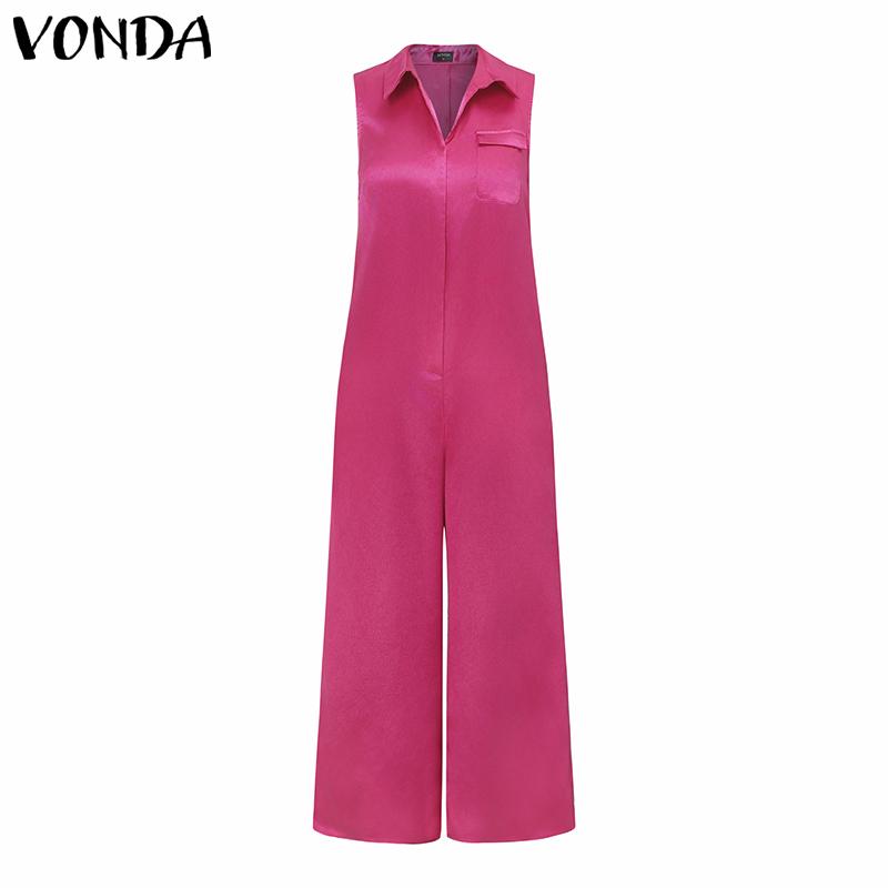 VONDA Women Sleeveless Satin Thin Jumpsuits V Neck Pockets Casual Long Rompers 