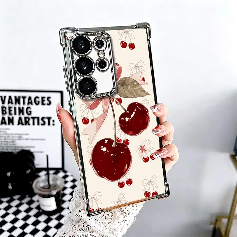 Cherry Bow Sweet Soft Phone Case For Samsung Galaxy S26 Ultra S25 Edge S24 FE S23 Plus S22 S21 + S20 Plating Anti-Fall Fundas