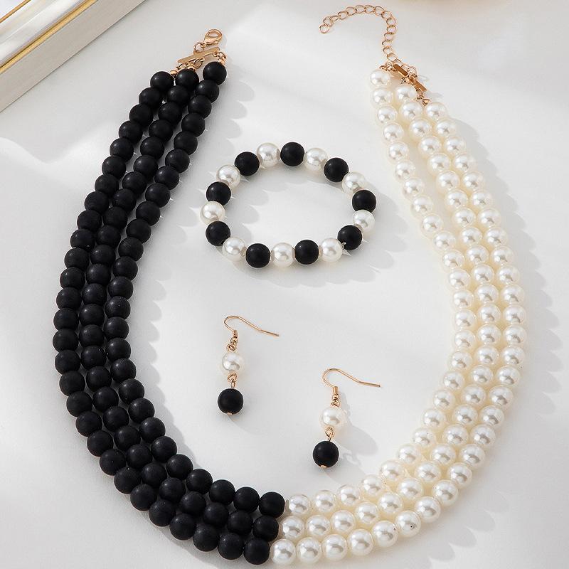 European and American Retro Splicing Multi-layer Imitation Pearl Necklace Bracelet Earring Set Women's French
