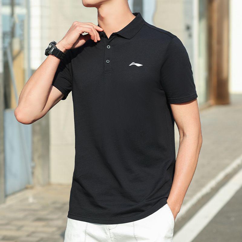 Li-Ning Fitness Series Solid Color Logo Print Casual Short Sleeve Polo Shirt Men Polo Shirts Black APLT321-2