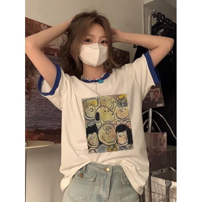 Pure cotton, summer new Korean version loose casual contrasting color cartoon printed short-sleeved t-shirt women's trend