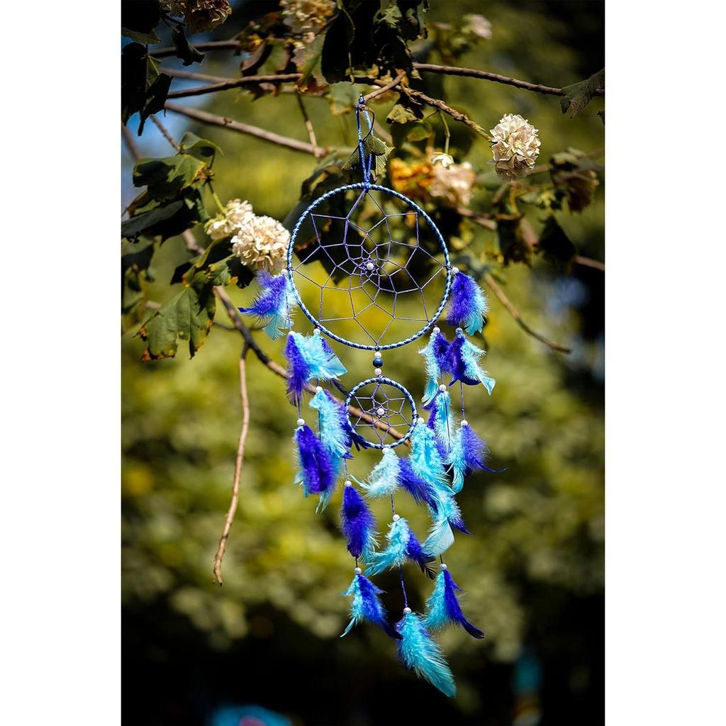 Catchers Wall Hangings, Home Décor, Handmade Dreamcatcher for Bedroom, Balcony, Garden, Party, Café, Small Ring Beaded Blue & Light Blue Feathers