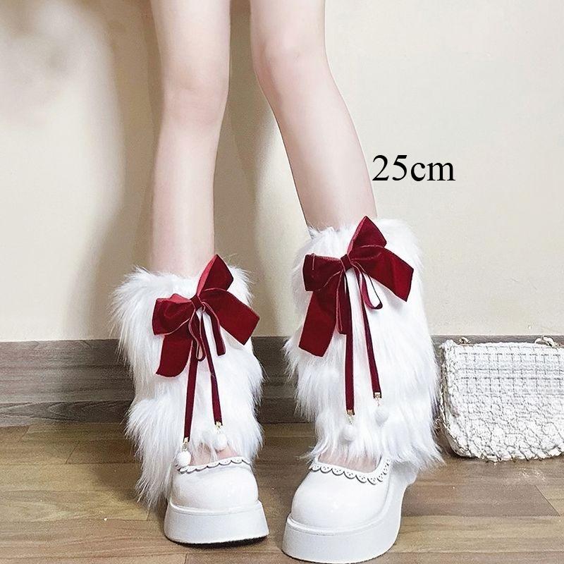 Bowknot Plush Leg Warmers - Autumn/winter Faux Fur White Mid-calf Socks