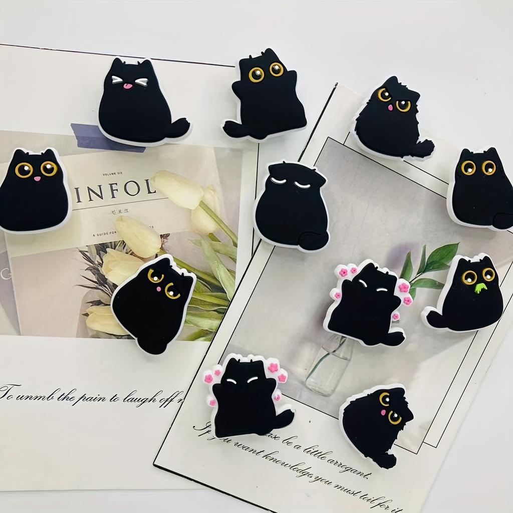6pcs Kawaii Chubby Black Cat Fridge Magnets, Decorative Plastic Resin, Multi-Use for Kitchen and Office, Ideal Holiday Gift