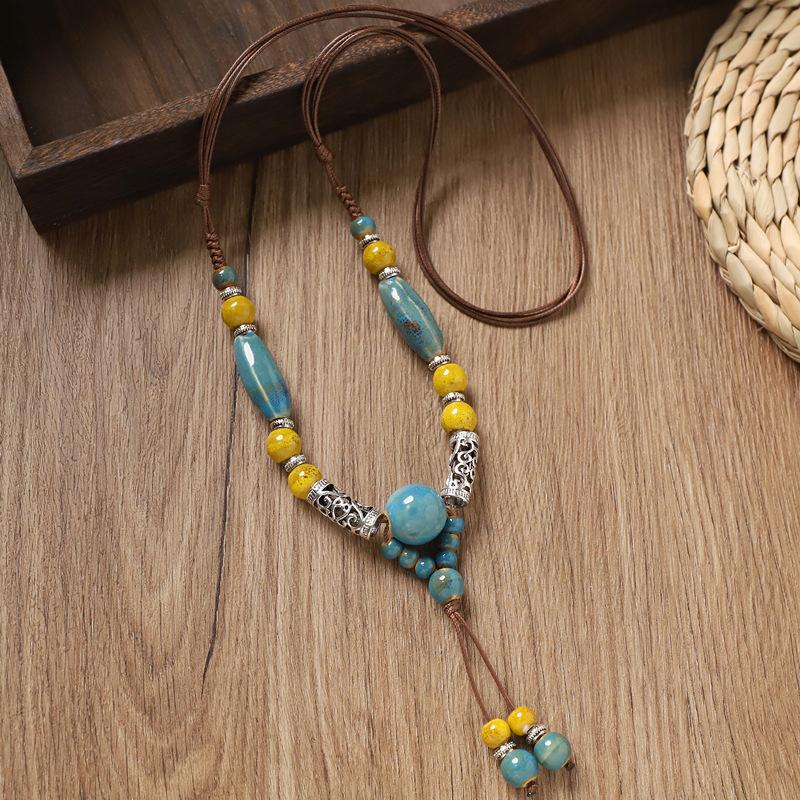Retro Ceramic Beaded Necklace for Women, Handmade Long Sweater Chain, Ethnic Vintage Chinese Style Jewelry