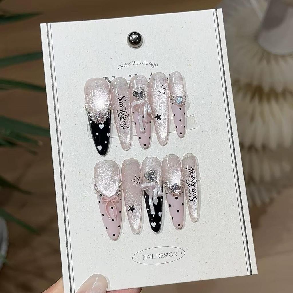 Ultra-Sparkling Zirconia French Cat Eye Black Pink Ballet Press-On Nail Art
