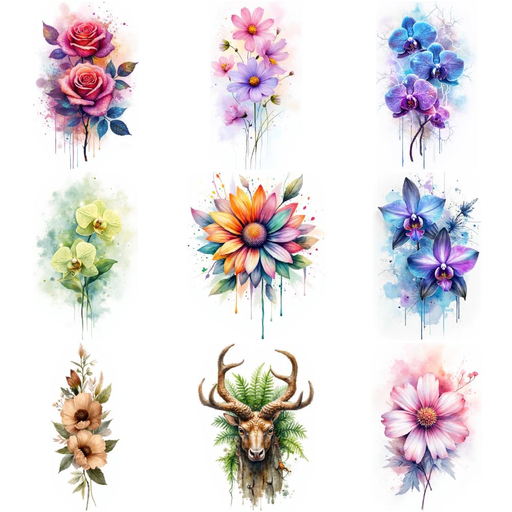 9pcs Temporary Tattoo Temporary Tattoo Stickers Floral Tattoo Watercolor Flowers Spring Blooms For Children Girls Cheeks