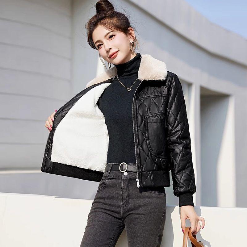 Removable Fur Collar Fleece Leather Jacket Cotton Clothes Women's Short Autumn and Winter New Thickened Warm Small Jacket