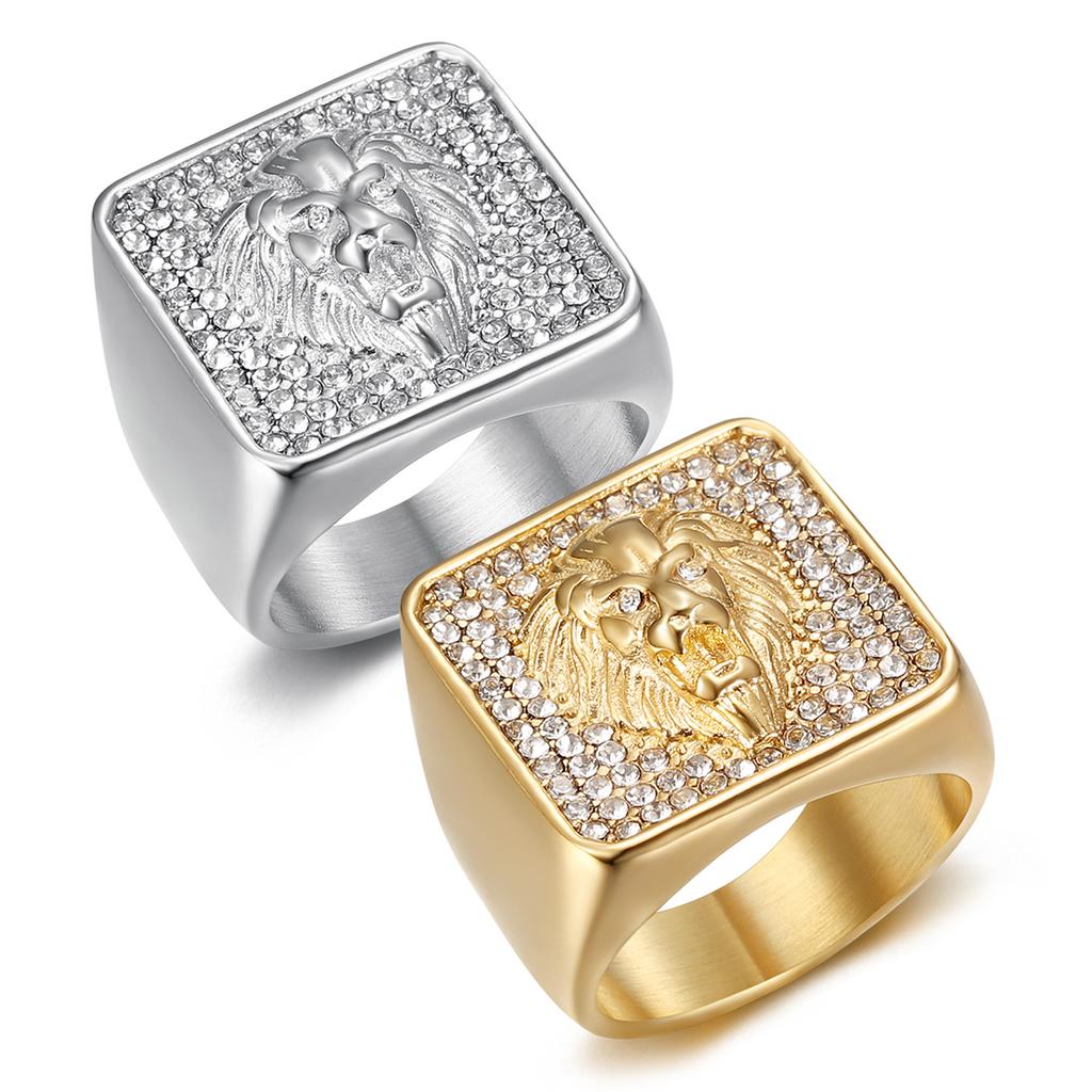 Ring new hip-hop jewelry gold-plated full diamond square domineering lion head men's ring
