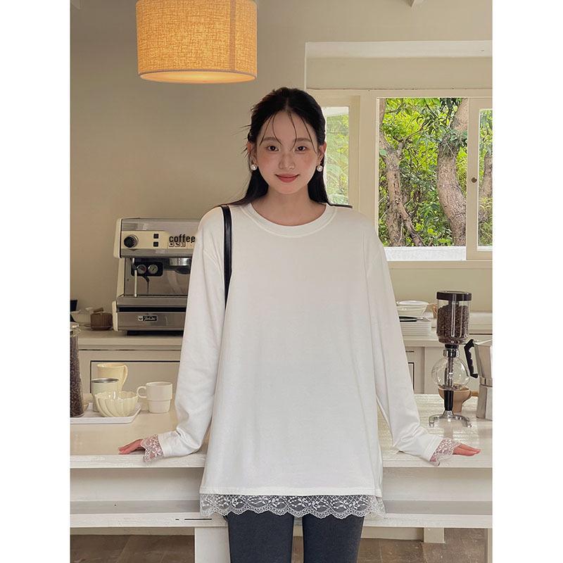 

Korean-Style Round Neck Lace Trim Women s Winter T-shirt - Layering Essential (W411B) One Size (80-140) белый