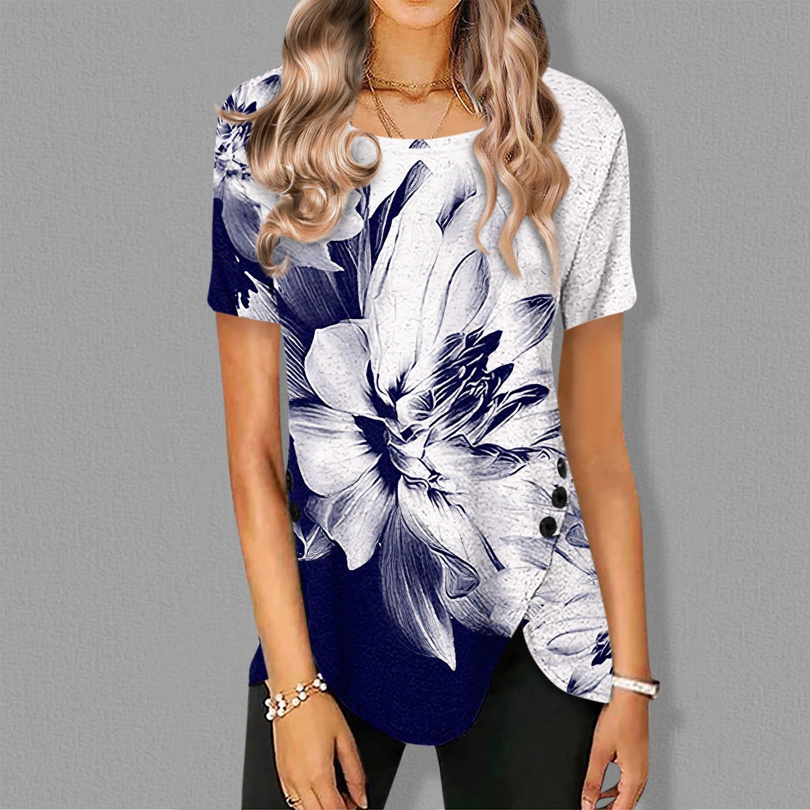 

Женские свободные топы с короткими рукавами, повседневные топы больших размеров, повседневные летние футболки на пуговицах, женские топы, рубашки XL синий