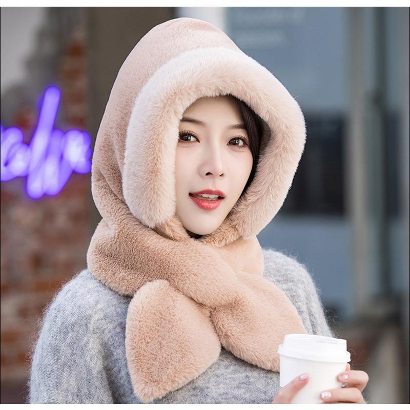 Women Winter Hood Thick Plush Scarf Hat Set Outdoor Ski Windproof Warm Headgear Solid Color Fluffy Fur Female Earmuffs Cap