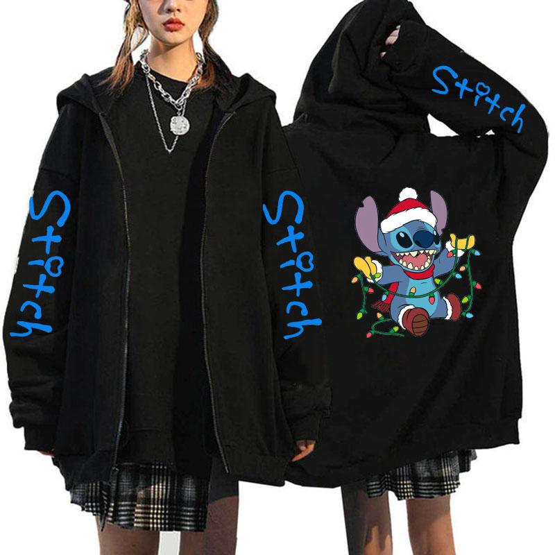 Oversized Y2k Zip-up Hettegenser Disney Dame Lilo & Stitch Kostyme Vinterklær Dame Langermet Varm Jakke Zip-up Street Topper