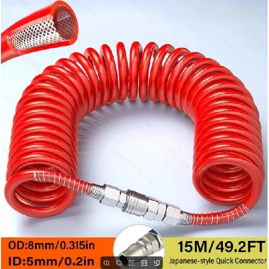 Air compressor hoses & accessories: 8mm high-pressure spring hose (15Bar, 5/10/15M). High-pressure PU yarn-wrapped, 3-layer poly