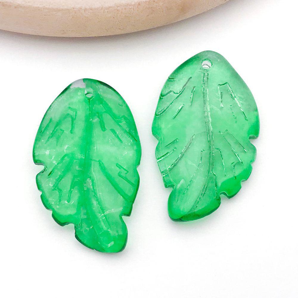 Set of 20 Green Transparent Faux Glass Leaf Pendants for DIY Bracelets, Necklaces, and Video Accessories.