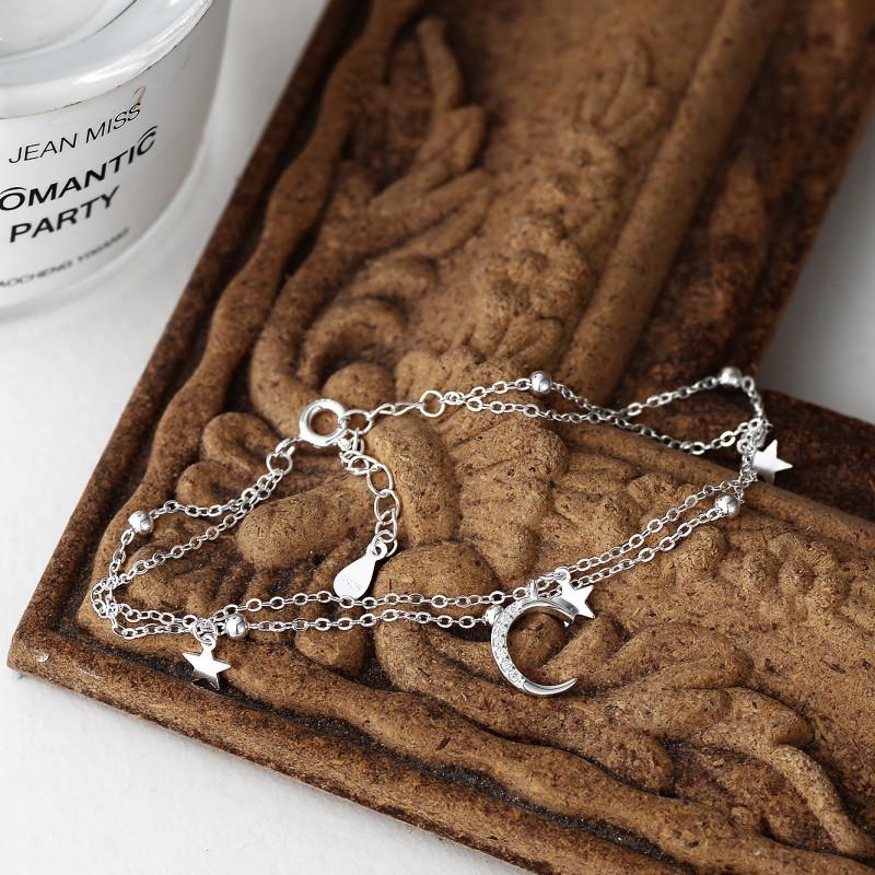 Sterling Double Layer Star Moon Bracelet Women Delicate Geometric Charm Jewelry Elegant Minimalist Boho Style