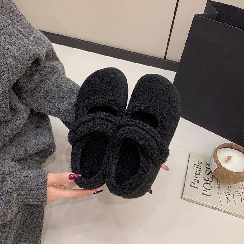 Autumn Winter Warm Cotton Grey Women Flats Comfort Round Toe Soft Sole Shoes Outdoor Short Plush Mary Jane Shoes