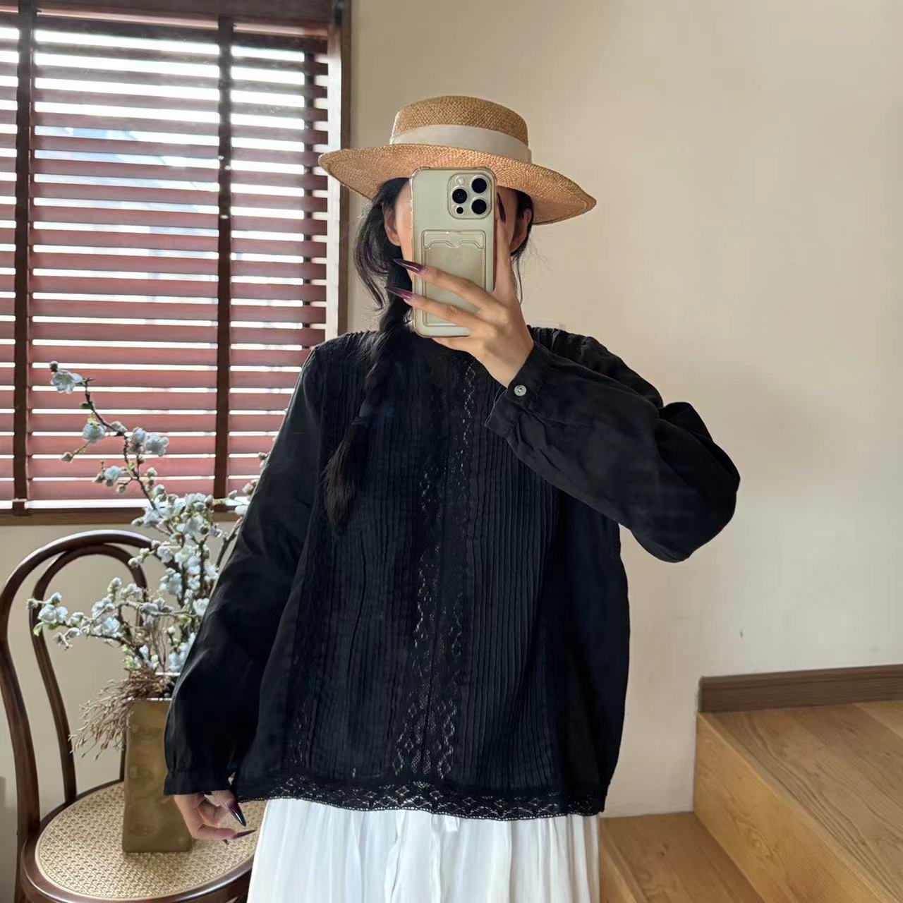 

Johnature Кружевная рубашка Льняная черная рубашка с длинным рукавом Женская круглая горловина Повседневные простые блузки One Size чёрный