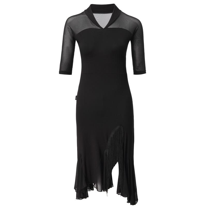 Damen Latin Dancewear Line Dance Kostüm Schwarzes Kleid für Erwachsene Fortgeschrittene Tanz Professionelles Üben Samba V-Ausschnitt Kleid