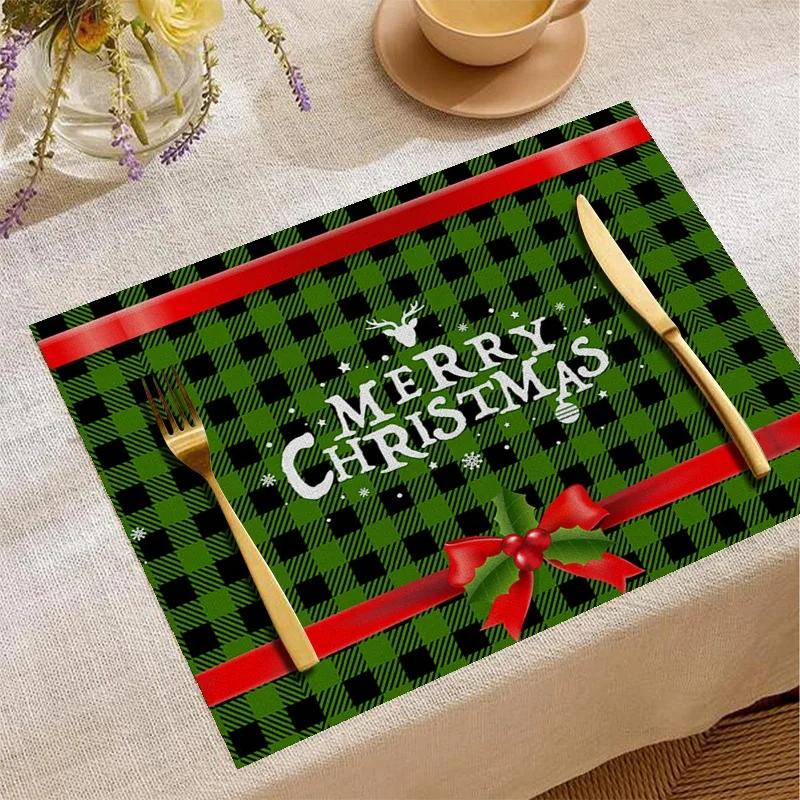 Christmas Linen Placemat Green Checkered Placemat Dining Table Utensil Heat-resistant Heat-insulating Mat Furniture Decoration