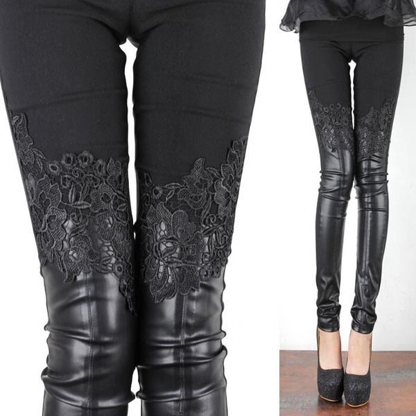 Autumn Winter Women Slim Pu Leather Pants Female Patchwork Lace Leggings Fashion Sexy Pencil Trousers