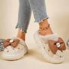 Fashion Casual Pu Thick Bottom Cotton Indoor Slippers Winter Sweet Bowknot Chunky Platform Short Plush Shoes Warm Faux Fur Slippers