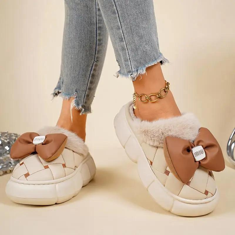 Fashion Casual Pu Thick Bottom Cotton Indoor Slippers Winter Sweet Bowknot Chunky Platform Short Plush Shoes Warm Faux Fur Slippers