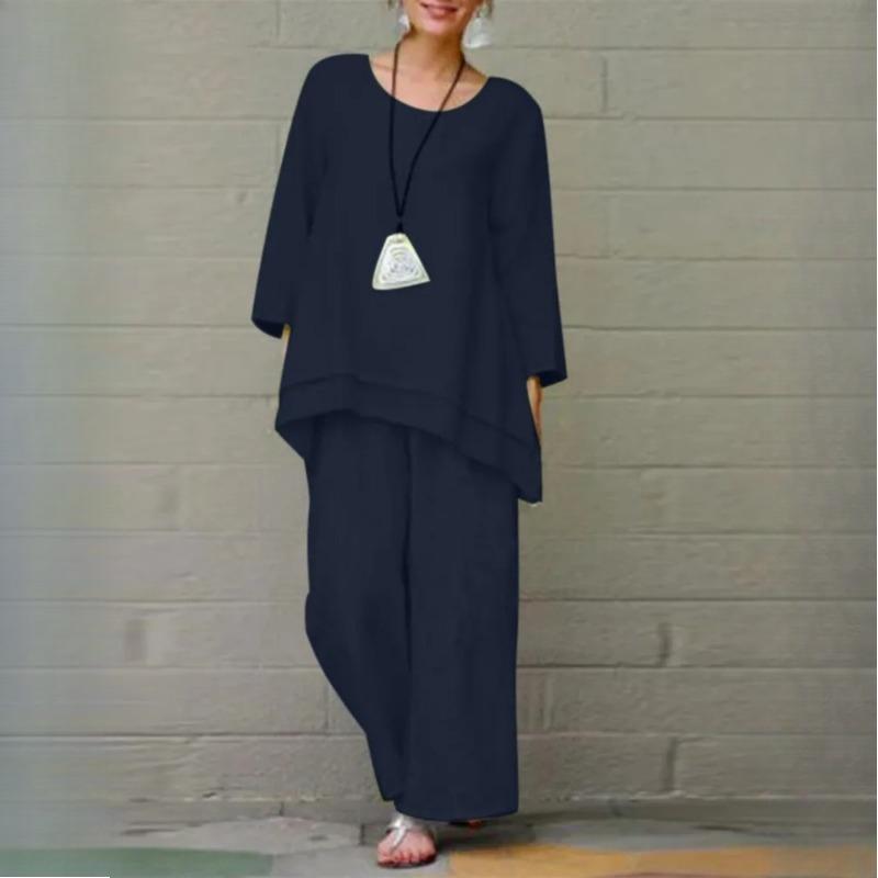 Women's Solid Vintage Pants Set Cotton Linen Casual Long Sleeve Loose Cotton Set