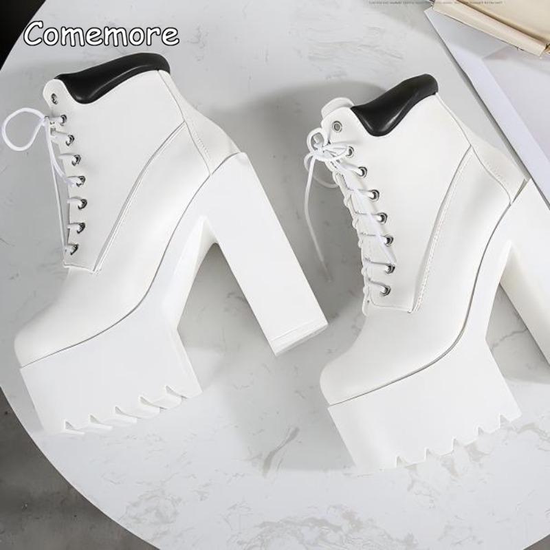 Super High Chunky Heel White Short Boots Lace Up Platform Shoes Punk Style 14cm High Boots Women's Botines Size34 Bottes Femmes