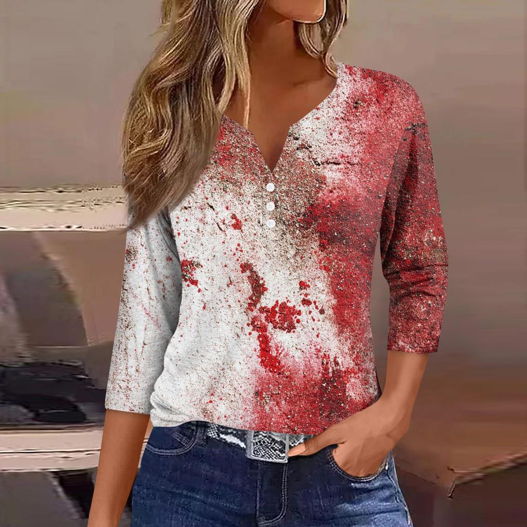 Damesmode Casual Halloween Print V-hals Korte Mouw Decoratieve Knop Driekwart Mouw T-shirt Top