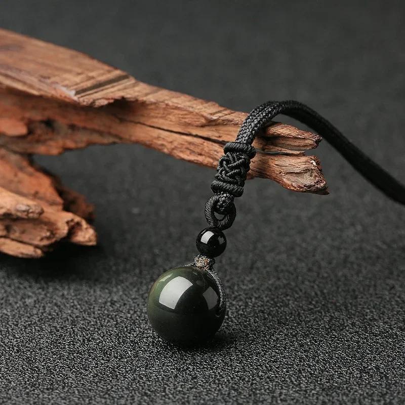 Natural Stone Rainbow Eye Obsidian Ball Pendant Single Bead Necklace Quartz Reiki Healing Lucky Guardian Charm Copper Rope
